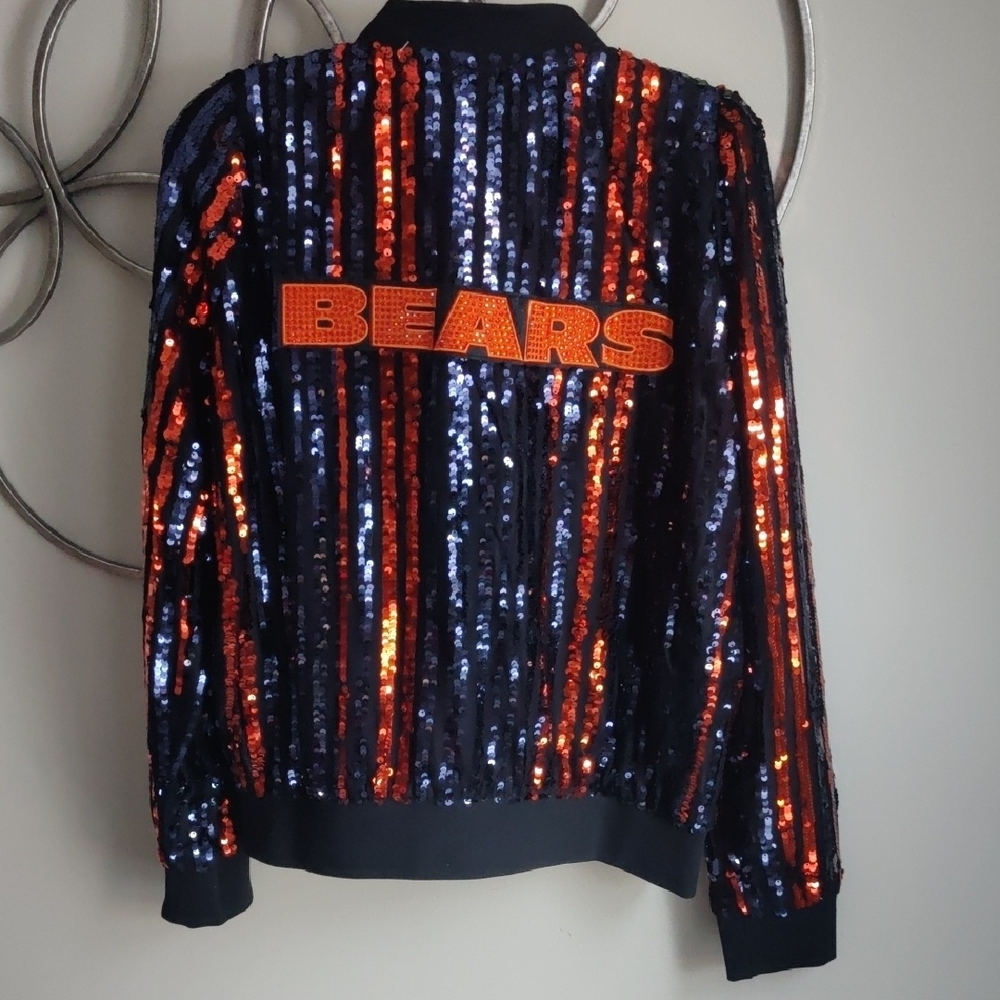 NWT NFL Chicago Bears Blue and Orange Sequin Bomber Jacket